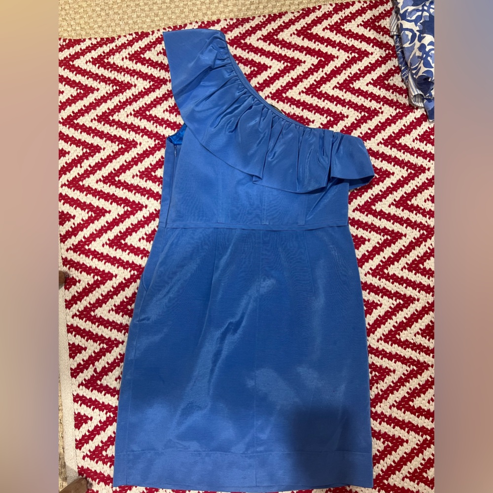 Shoshanna Ruffle One Shoulder Jacquard Textured Dress Blue Size 8